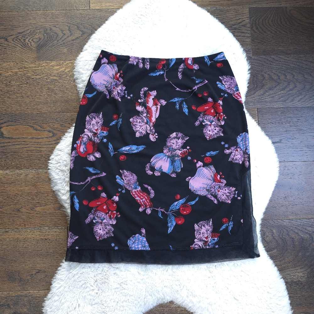 RARE Vintage Betsey Johnson Kitten Cherry Print Midi Skirt